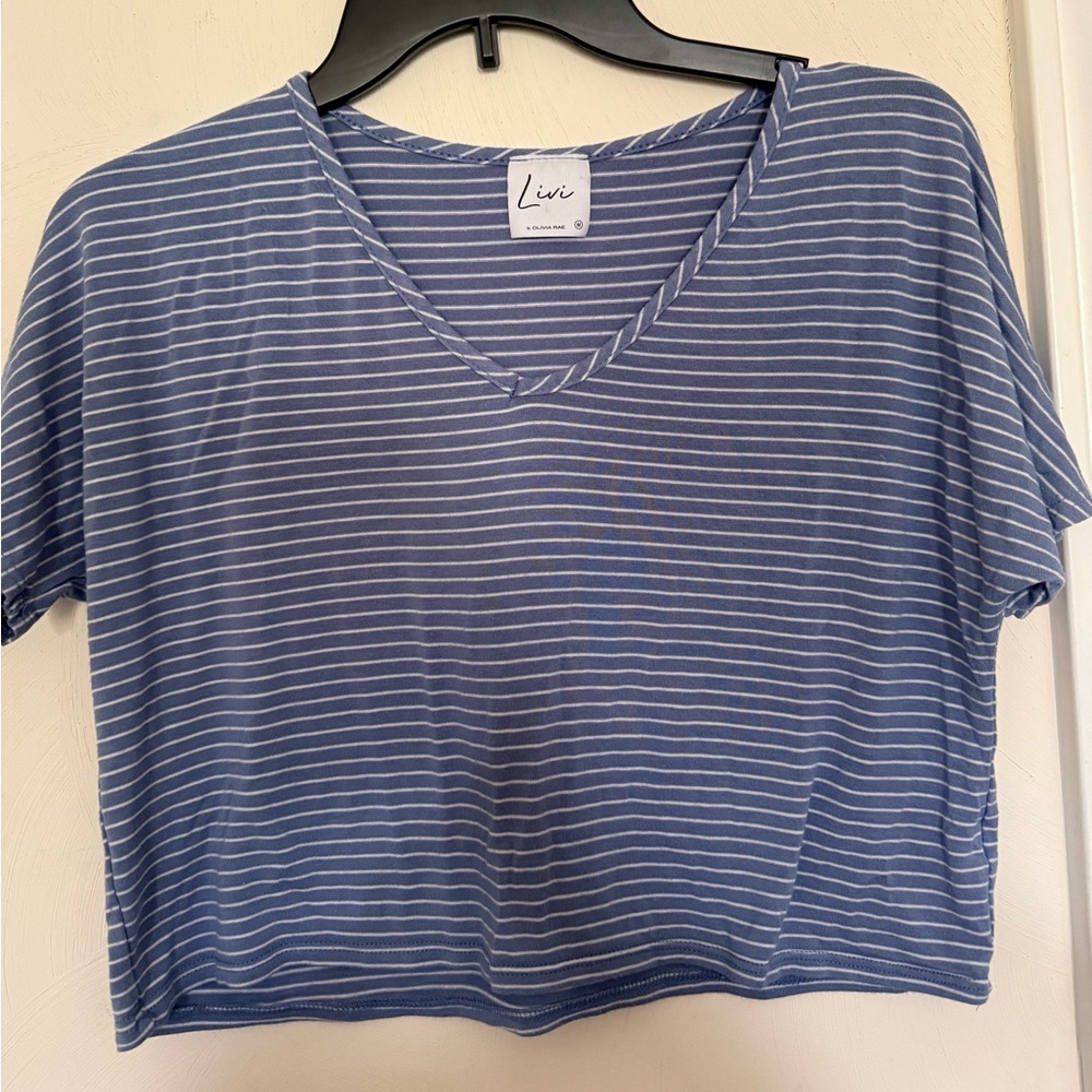 Olivia Rae Blue and White Striped V-Neck Tee